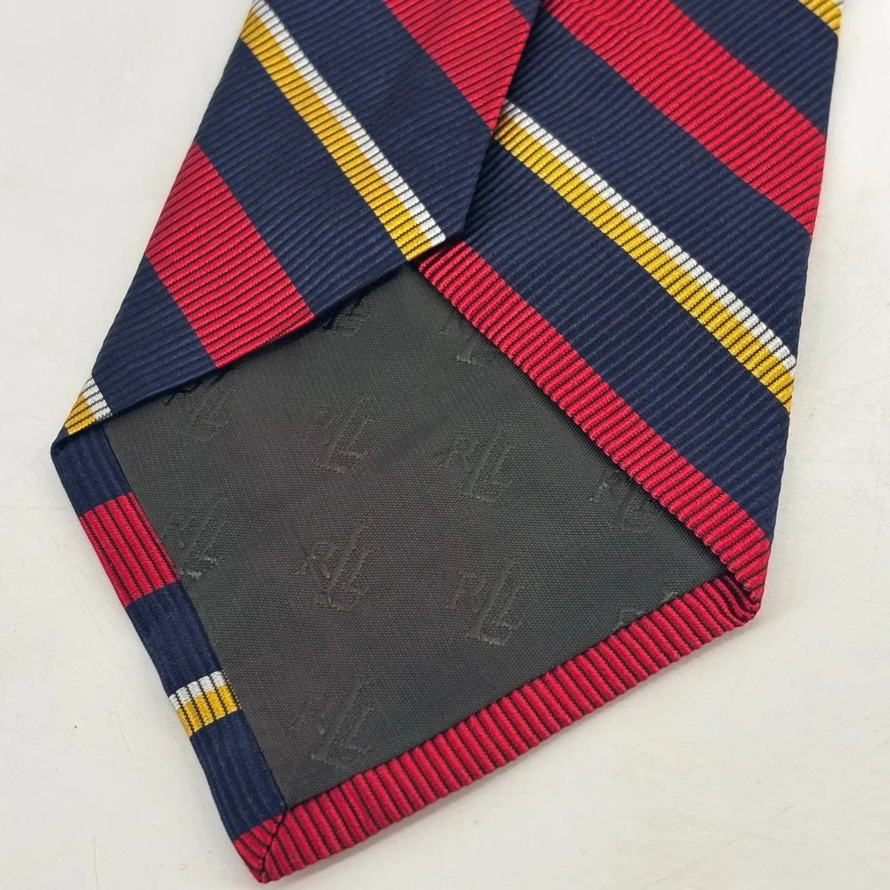 Lauren Ralph Lauren Tie Mens OS Navy Red Gold Silk Cotton Rep Stripe Made in USA